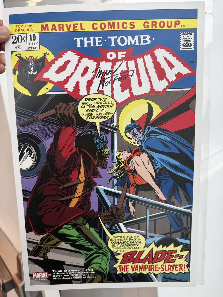 ParksAndCons's tweet photo. Decided to pick up the print for The Tomb of Dracula #10. That book will always be too pricey for us to pick up and we have had Wolfman sign mostly DC books, so this is a really nice addition for just $20. #CCRONT https://t.co/t6nKn7Au3z