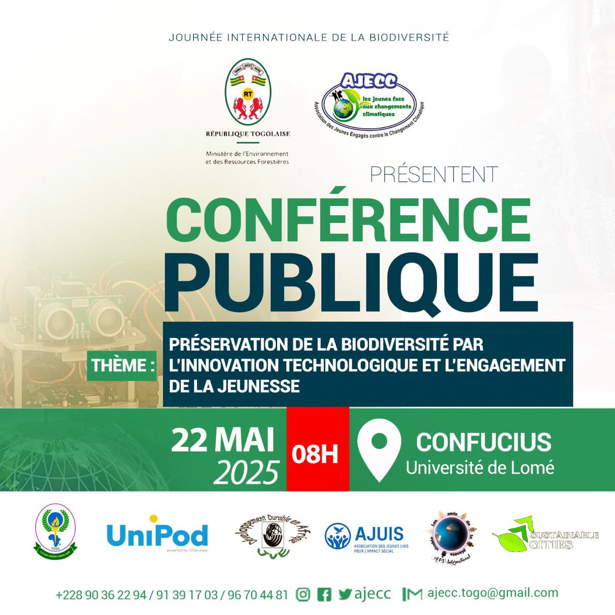 Journée Internationale de la Biodiversité 2025
Conférence publique | 22 mai | 08h
Institut Confucius, Univ. de Lomé
Thème : Innovation technologique &amp; engagement des jeunes pour la biodiversité
#BiodiversityDay #KMGBF #GlobalGoals
<a href="/UNBiodiversity/">UN Biodiversity</a> <a href="/PnudTogo/">Pnud Togo</a> <a href="/MERF_Togo/">MERF TOGO</a> <a href="/BaziKatari/">Katari FOLI BAZI</a>