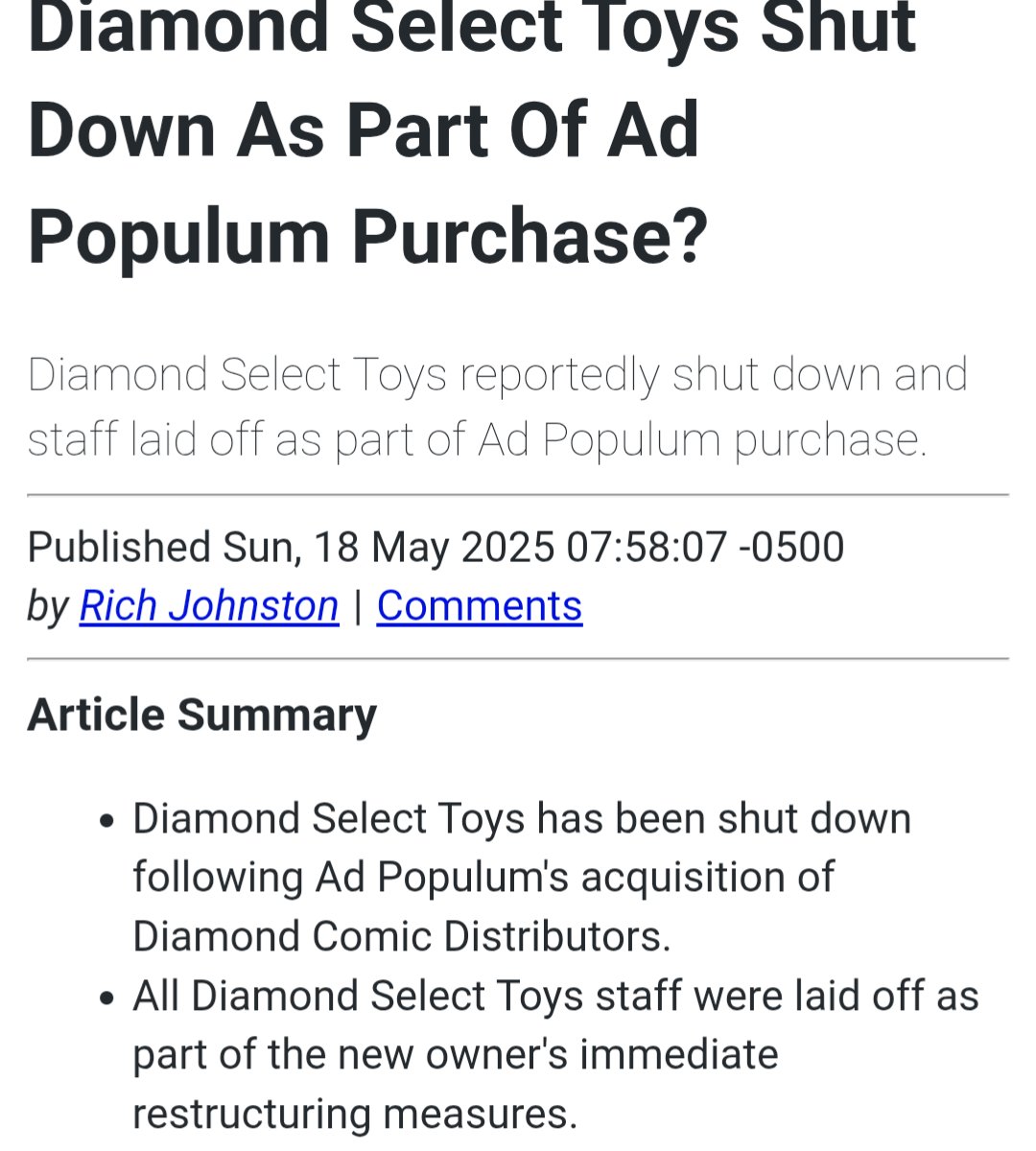 FLYGUY's tweet image. Ad Populum (owners of NECA) who bought the rights to Diamond Select Toys, lays off all staff, a real shame. Given King clown Joffrey's tariff mess, didn't help.

Suggest existing pre-orders may continue, but TBC.
More via: 
go.FLYGUYtoys.com/dststaff

#diamondselect #diamondcomics