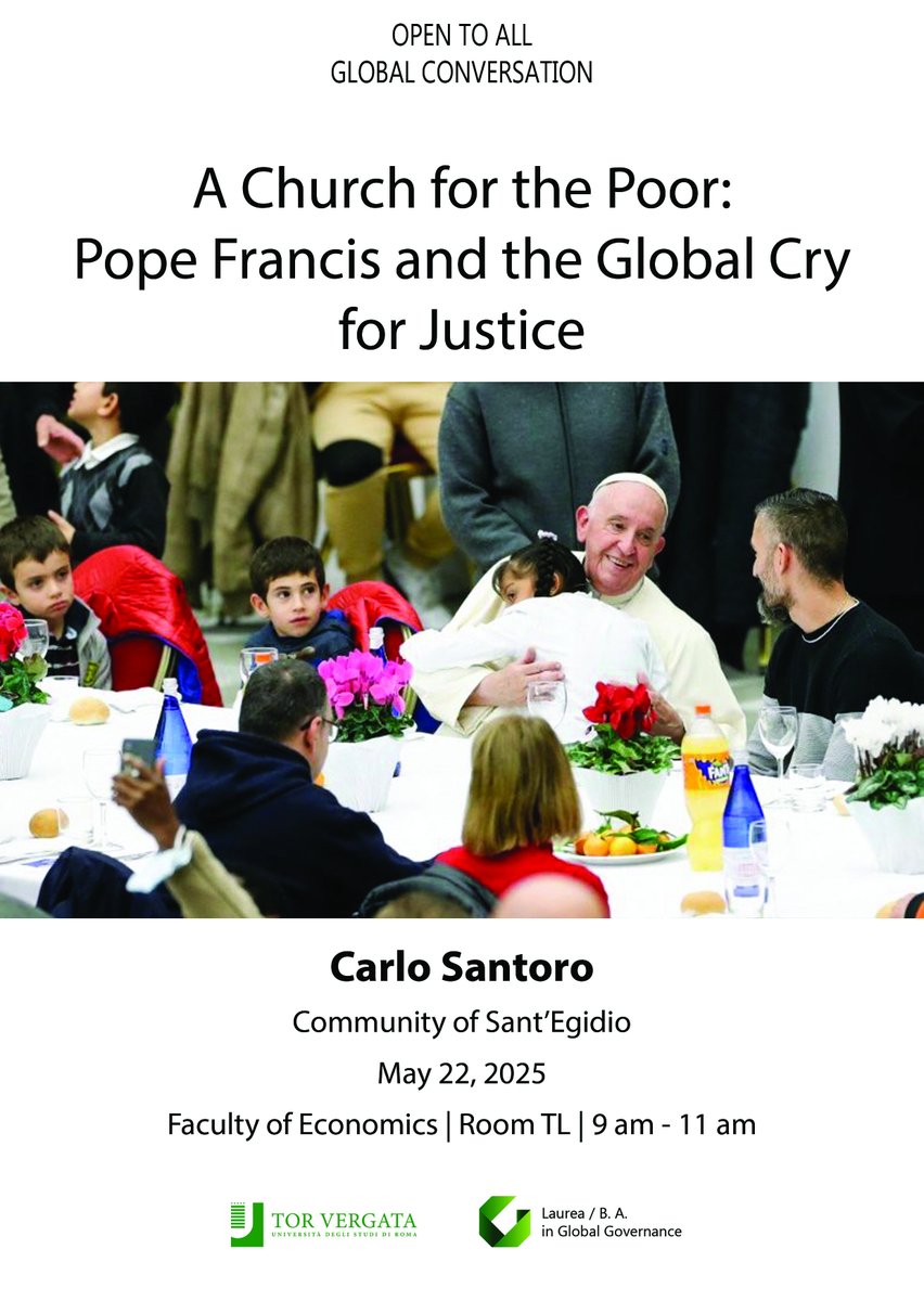 Global Governance BA (@ggovernanceba) on Twitter photo 22 may | 9 am
"A Church for the Poor: Pope Francis and the Global Cry for Justice"
#GlobalConversation with Carlo Santoro (Community of Sant’Egidio)
<a href="/unitorvergata/">UniversitĂ di Roma Tor Vergata</a>
<a href="/EconTorVergata/">Economia Tor Vergata</a>
<a href="/GustavoPiga/">Gustavo Piga</a>
<a href="/Notizieincampus/">Uffstampa_RomaTorVergata</a> 22 may | 9 am
"A Church for the Poor: Pope Francis and the Global Cry for Justice"
#GlobalConversation with Carlo Santoro (Community of Sant’Egidio)
<a href="/unitorvergata/">UniversitĂ di Roma Tor Vergata</a>
<a href="/EconTorVergata/">Economia Tor Vergata</a>
<a href="/GustavoPiga/">Gustavo Piga</a>
<a href="/Notizieincampus/">Uffstampa_RomaTorVergata</a>
