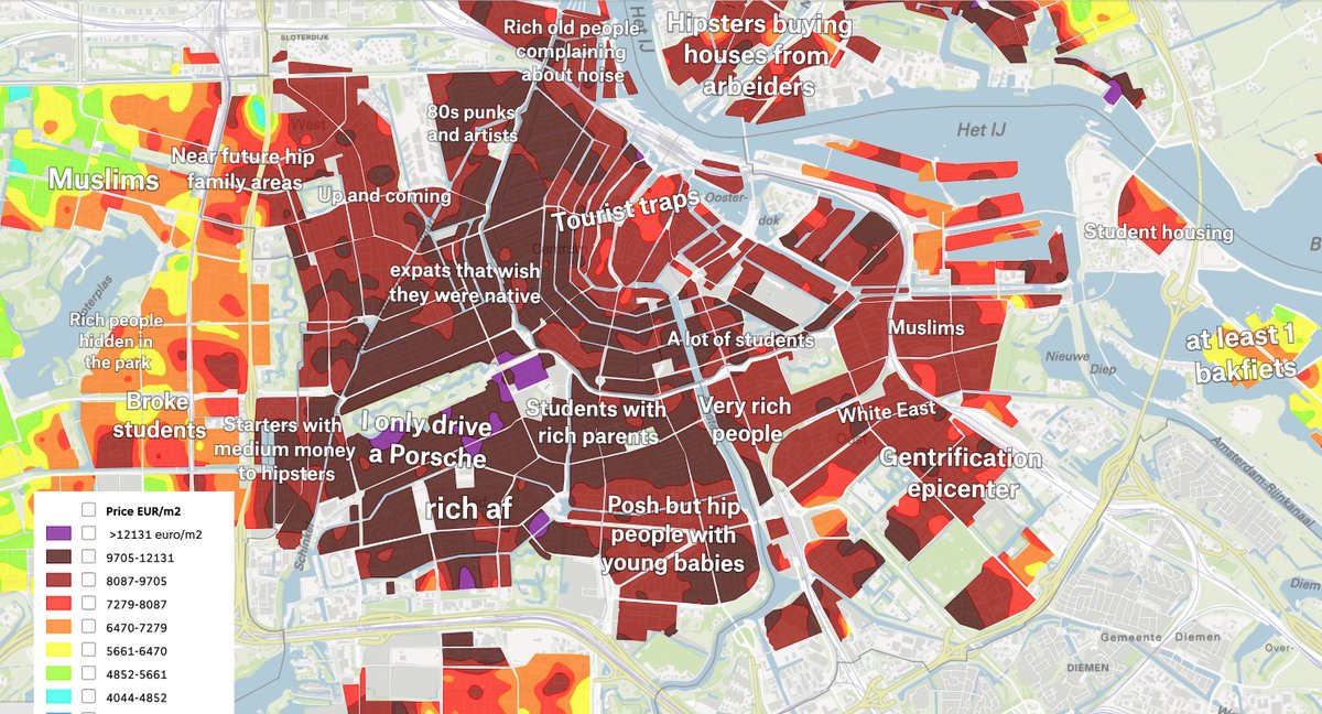 Apartment hunting guide for Amsterdam:

I combined a price heatmap from <a href="/AmsterdamNL/">Gemeente Amsterdam</a> and <a href="/levelsio/">@levelsio</a>'s crowdsourced Hoodmaps 🗺️