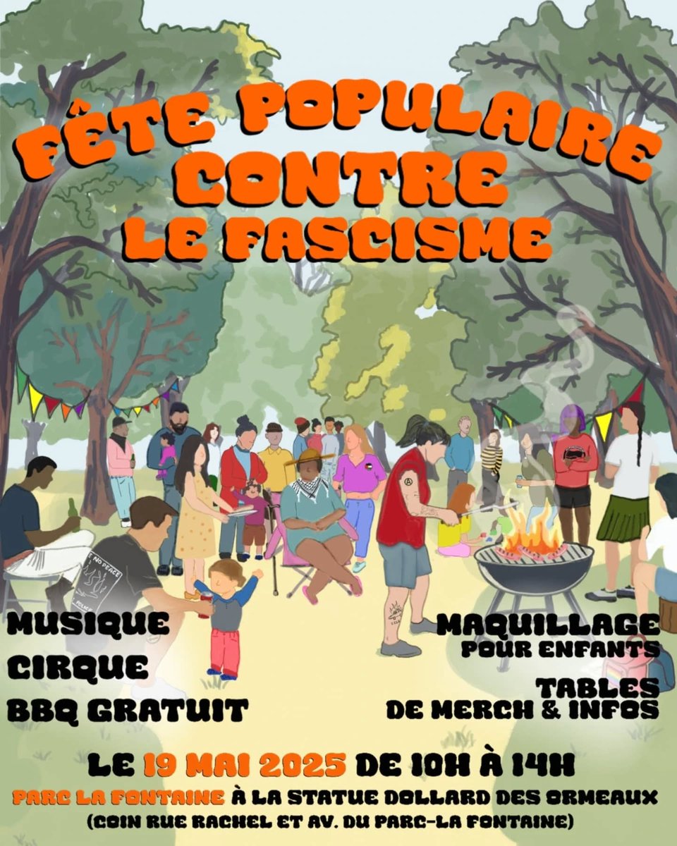 Tomorrow (holiday Monday) in Montreal: An Anti-Fascist People's Picnic &amp; BBQ, with activities for kids. Rendez-vous: 10am (arrive early), until 2pm. Everyday anti-fascism means, in part, taking up these spaces in our city, and by doing so, displacing the far-right &amp; fascists.