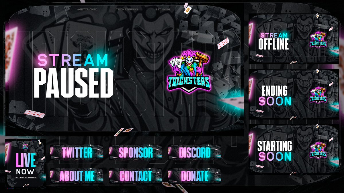Stream pack for <a href="/TrickstersGG/">Tricksters🃏</a> / @TRK_Rivals 

📍Reasonable prices💸

📍Any question DM📩

📍Support always appreciated✅

#GFX #Twitch #Designer #Esports