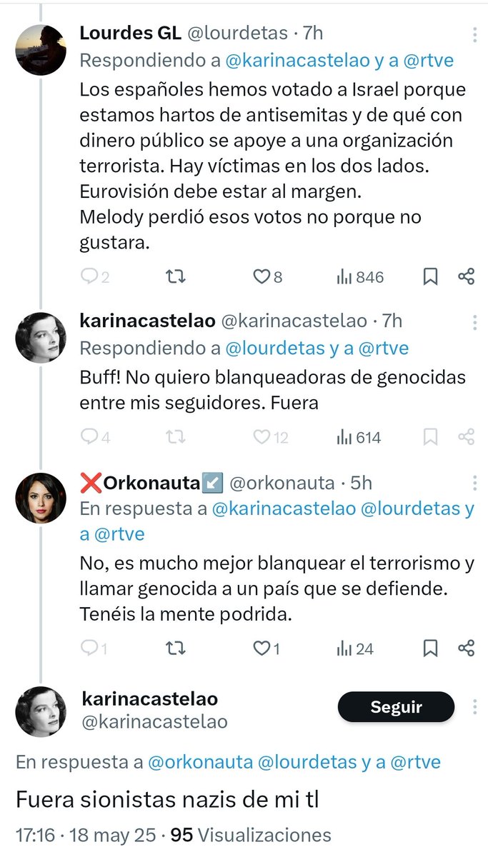 Una persona, <a href="/karinacastelao/">karinacastelao</a>, que odia a los judíos, exactamente igual que le pasaba a Hitler, y que aplaude a los terroristas que intentan exterminarlos, llama nazi a los que no le dan la razón. Bonito mundo nos está quedando.