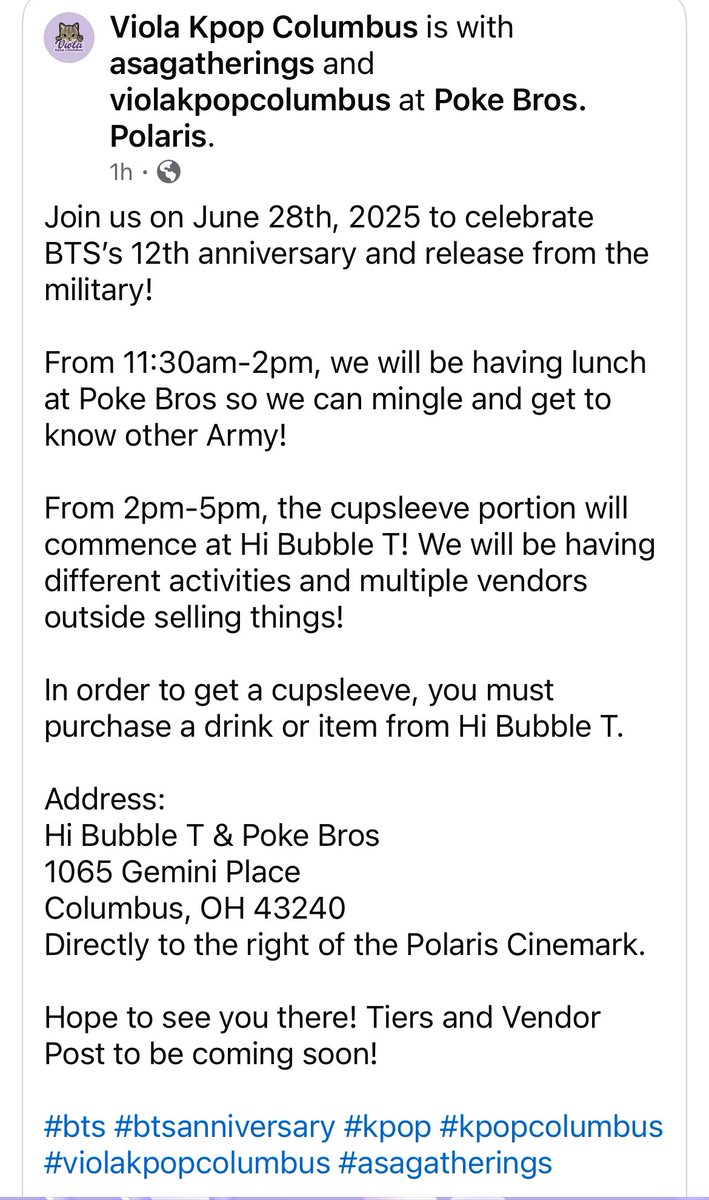monkeydog9's tweet photo. CLEVELAND/COLUMBUS/OHIO ARMY!!! 💜💜💜💜💜💜💜
Columbus Army are having a BTS Anniversary lunch and cup sleeve event next month!! Share and make your plans now!! #Cle #Cbus #kpop #bts https://t.co/VC40IJIOmU