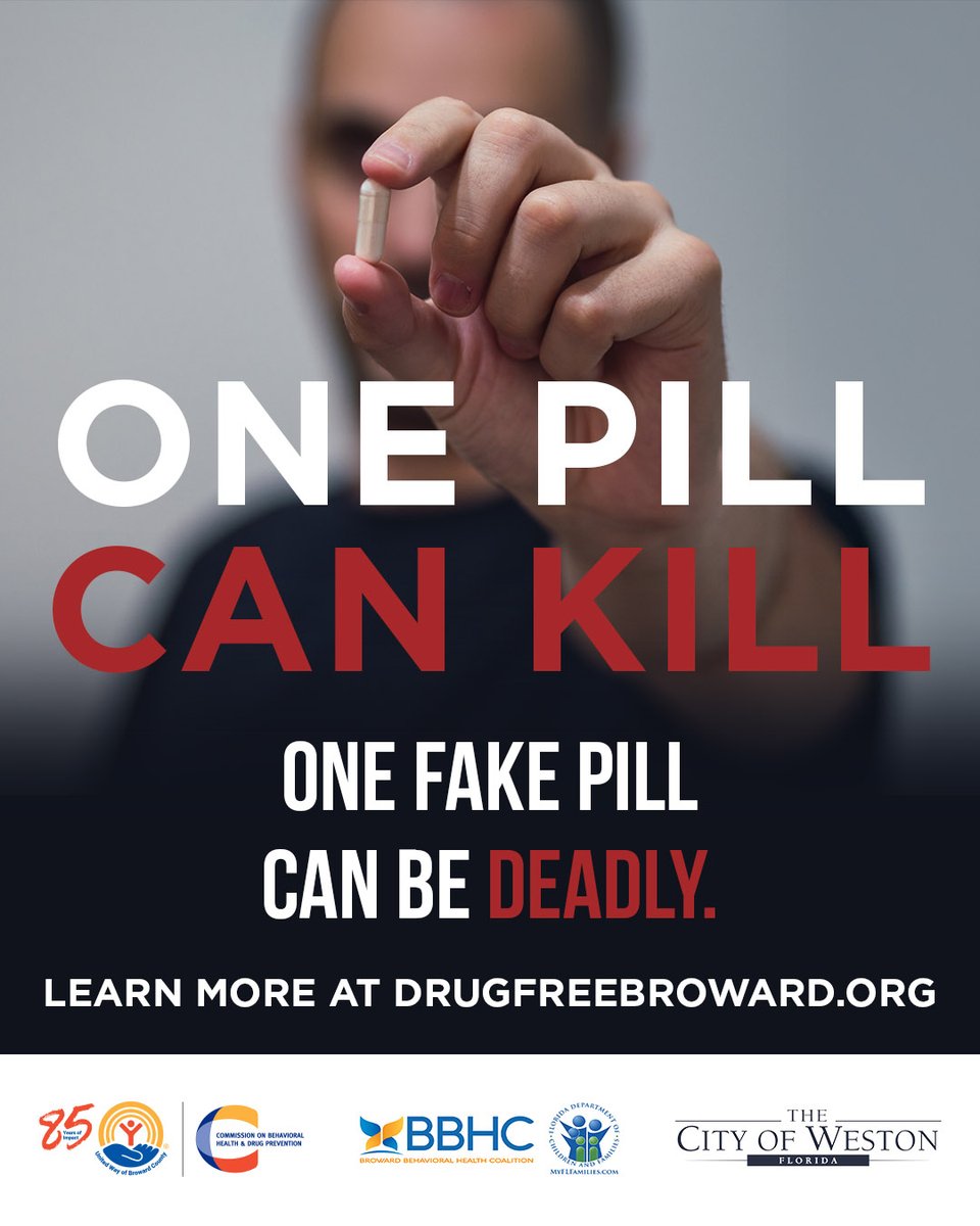 Counterfeit pills look like real medicine but may contain dangerous drugs like fentanyl.  Even one fake pill can be deadly. 

Protect yourself.  Learn more at DrugFreeBroward.org.