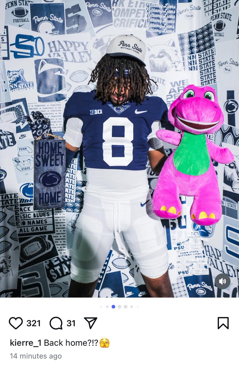 4-star CB Dorian Barney on his official visit to Penn State. He’s the No. 150 player nationally and No. 15 CB. Barney plays in Georgia, but is an Erie native, which is why his caption says “back home.”

Also an elite photo.