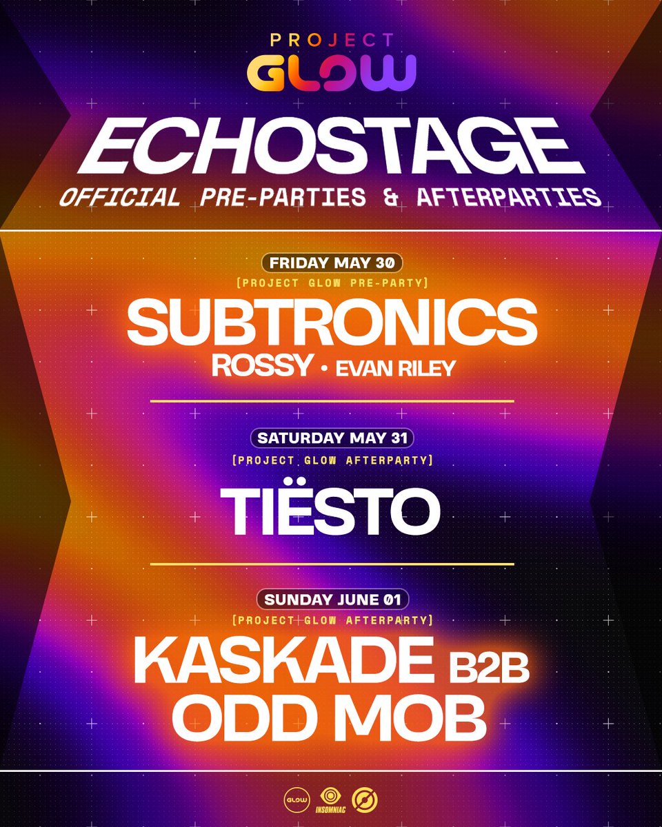 Your full lineup of official <a href="/projectglowfest/">projectglowfest</a> Pre &amp; After Parties at Echostage has been revealed! 🤝

Friday, 5/30: <a href="/Subtronics/">✨SUBTRONICS✨</a>
Saturday, 5/31: <a href="/tiesto/">Tiësto</a>
Sunday, 6/1: Debut b2b with <a href="/kaskade/">Kaskade</a> &amp; <a href="/ODD_MOB/">odd mob</a>

Tickets for all parties are on sale now at echostage.com