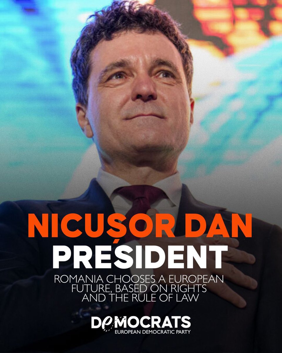 🇷🇴 Romania has chosen. With the confirmation of <a href="/NicusorDanRO/">Nicușor Dan</a> ’s victory in the presidential election, Romanian citizens have sent a clear and powerful message: for democracy, for the rule of law, and for a truly European future.
By defeating <a href="/georgesimion/">🇷🇴 George Simion 🇲🇩</a>’s far-right populism,