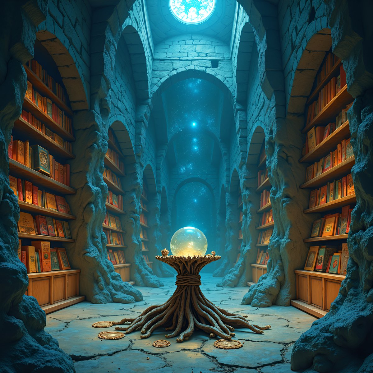 PromptSin's tweet image. Discover the magic within: a mystical library illuminated by a glowing crystal ball ✨📚 #FantasyWorld #MagicLibrary