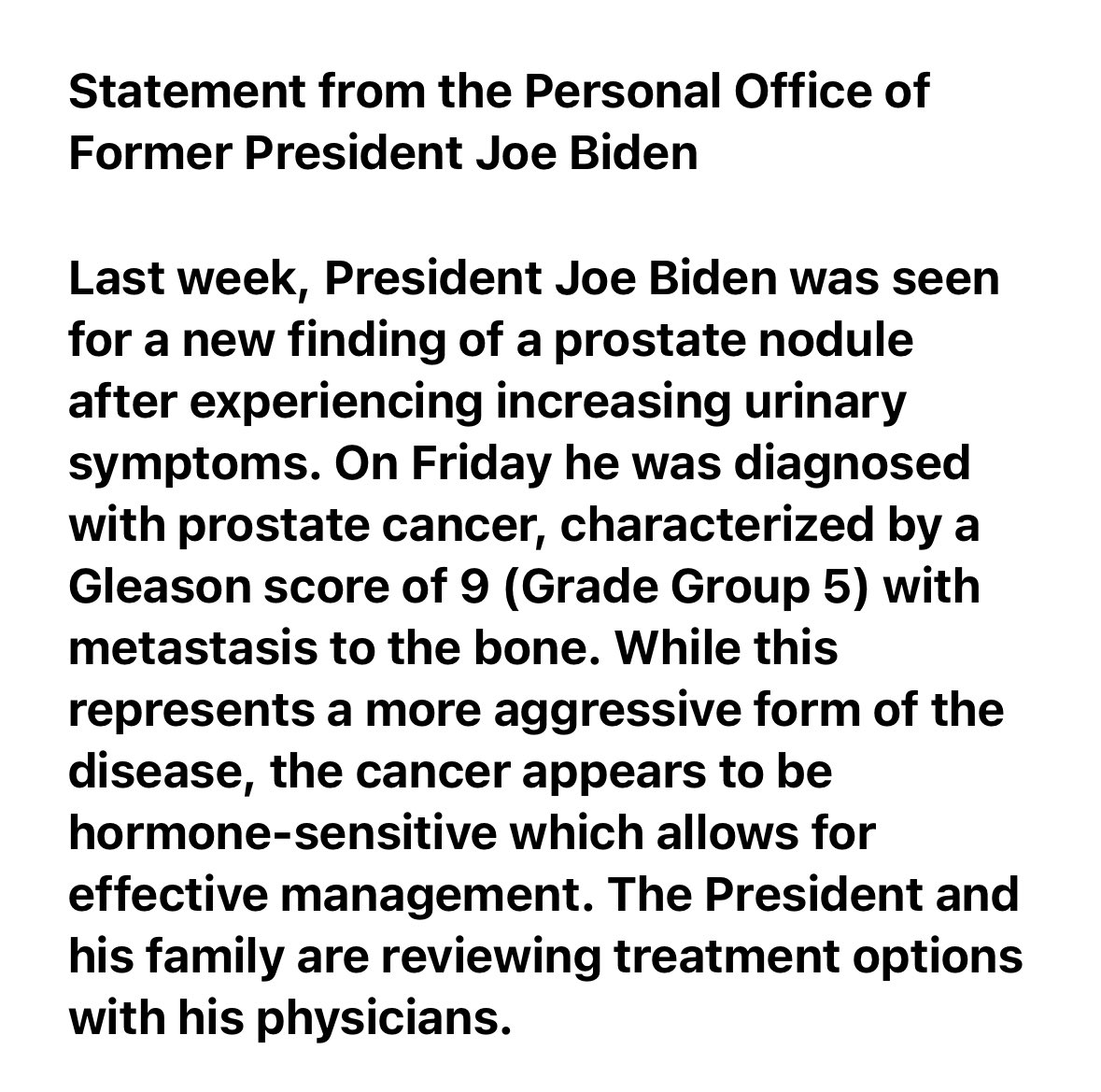Former President ⁦<a href="/JoeBiden/">Joe Biden</a>⁩ diagnosed with aggressive form of prostate cancer.