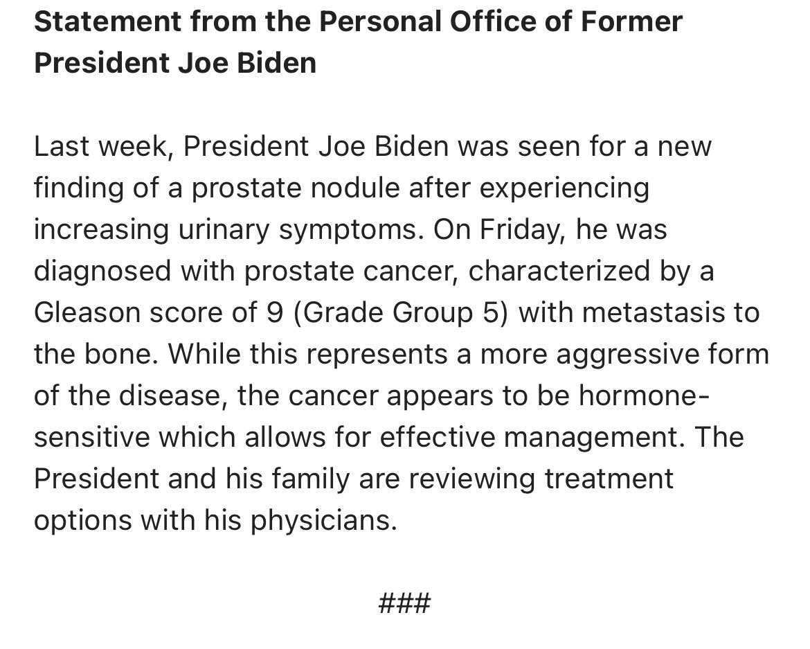 BREAKING NEWS: 
President Joe Biden has been diagnosed with advanced and aggressive prostate cancer which has metastasised to the bone. Very serious.