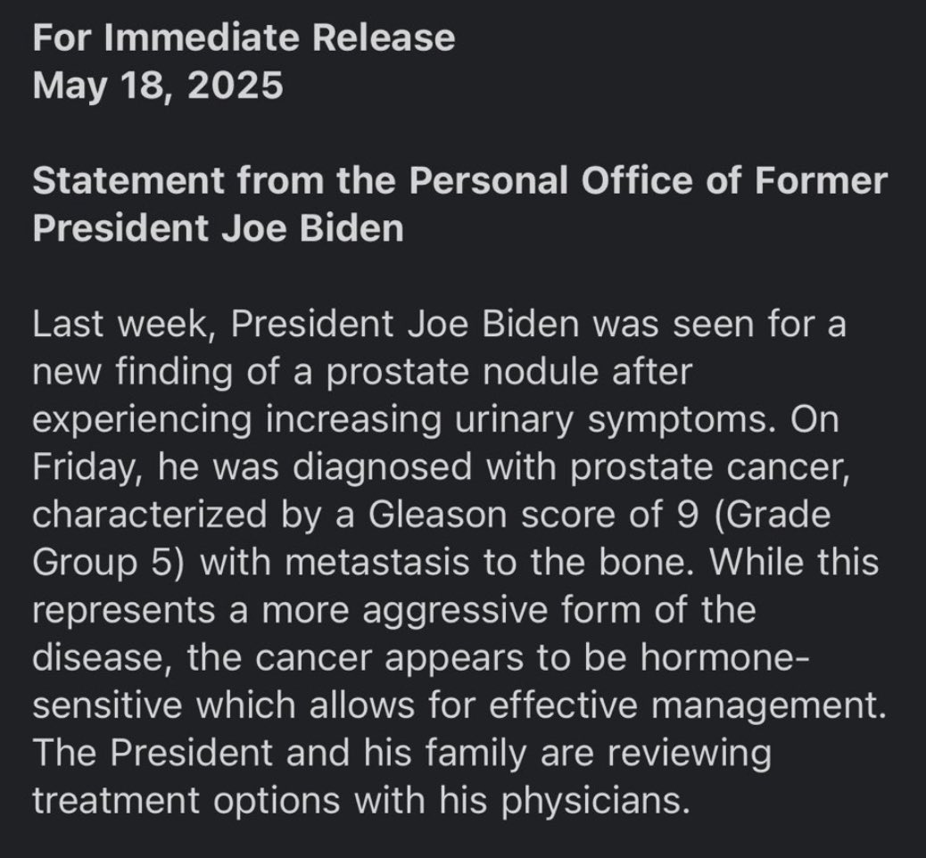 Breaking911's tweet photo. 🚨 BIDEN DIAGNOSED WITH CANCER: Former President Joe Biden has been diagnosed with prostate cancer with metastasis to the bone. https://t.co/TYT5i8zOh0