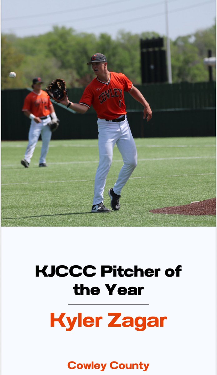 Kyler Zagar (@kylerzagar) on Twitter photo Blessed to be named the KJCCC east pitcher of the year!
Freshman year stats at Cowley:
10-1
65 IP
2.77 ERA
73/17 K/BB
1.11 Whip
<a href="/CowleyBaseball/">Cowley Baseball</a> <a href="/BrockBuckingham/">Brock Buckingham</a> Blessed to be named the KJCCC east pitcher of the year!
Freshman year stats at Cowley:
10-1
65 IP
2.77 ERA
73/17 K/BB
1.11 Whip
<a href="/CowleyBaseball/">Cowley Baseball</a> <a href="/BrockBuckingham/">Brock Buckingham</a>