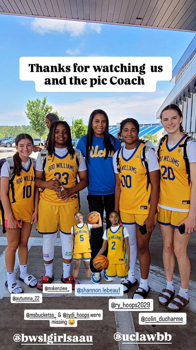 Tks for checking us out, Coach.💛💙
Autumn <a href="/mxkenziee_29/">Mckenziee Gatling</a> <a href="/Ry_hoops2029/">Rylee Thomas</a> Evie D 
<a href="/jhaziyababb/">Jha’ziya Babb</a> &amp; <a href="/Sydi_hoops/">Sydney A. Youngblood (2029)</a> were M.I.A😂
@ImAmentor_UCLA <a href="/UCLAWBB/">UCLA Women's Basketball</a> 
<a href="/BWSLGirlsAAU/">Boo Williams GBB</a> <a href="/NikeGirlsEYBL/">Nike Girls EYBL</a> 
#2025EYBL #2025JREYBL #Road2CHI