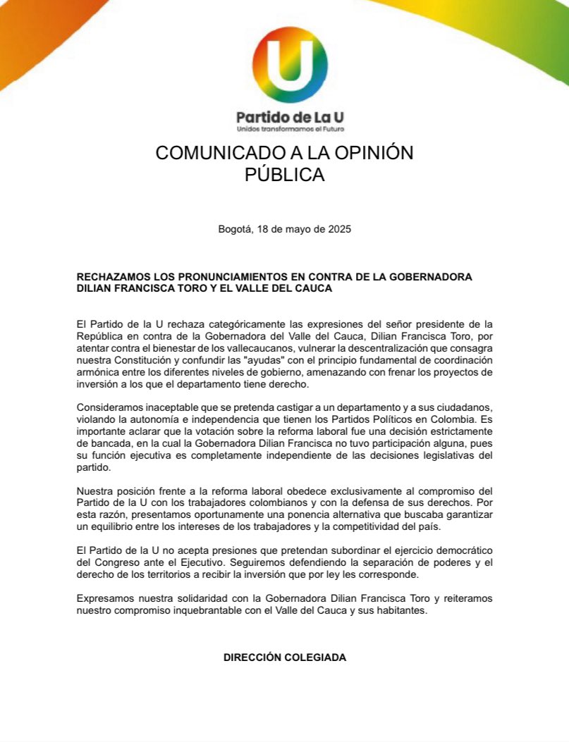 Partido de la U (@partidodelaucol) on Twitter photo RECHAZAMOS LOS PRONUNCIAMIENTOS EN CONTRA DE LA GOBERNADORA
<a href="/DilianFrancisca/">Dilian Francisca T.</a> Y EL VALLE DEL CAUCA. RECHAZAMOS LOS PRONUNCIAMIENTOS EN CONTRA DE LA GOBERNADORA
<a href="/DilianFrancisca/">Dilian Francisca T.</a> Y EL VALLE DEL CAUCA.