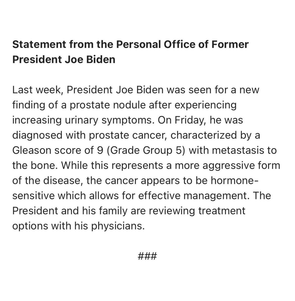 Joe Biden has been diagnosed with an “aggressive form” of prostate cancer 🙏