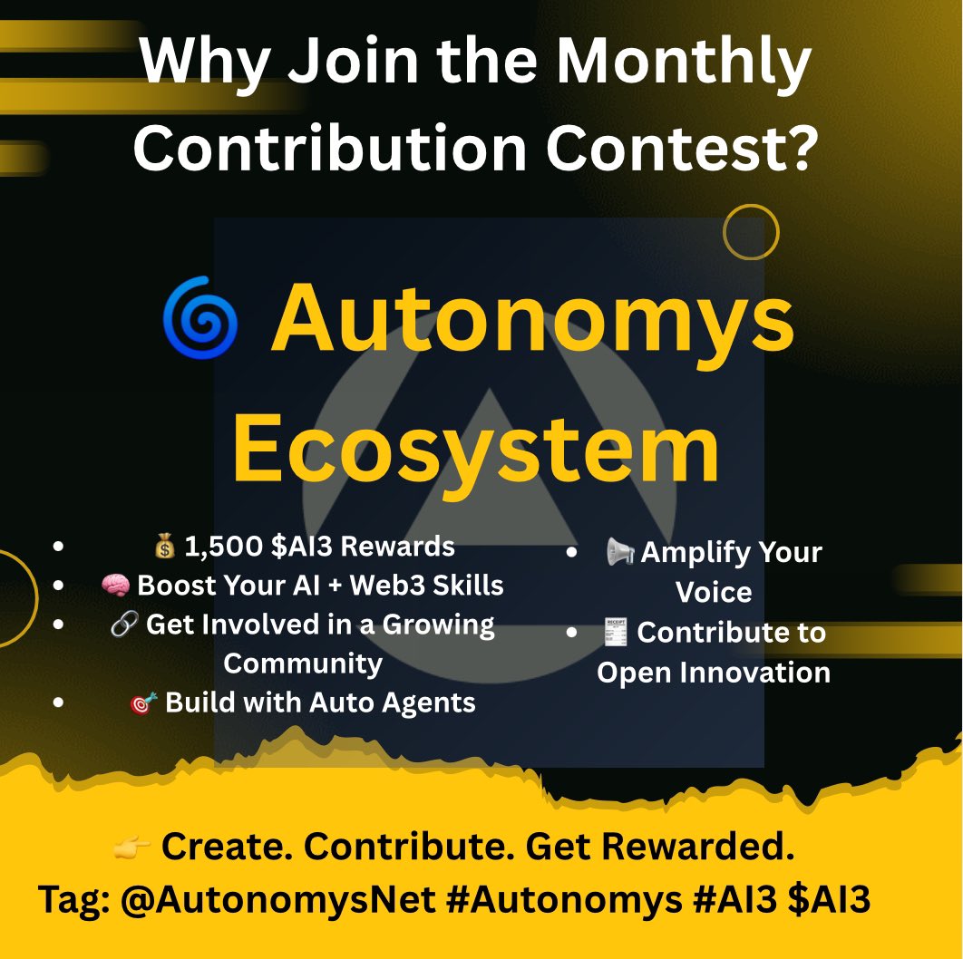 JosepAde2002's tweet photo. Post 1:
Tired of building for free?
Let’s change that.
@AutonomysNet is giving out 1,500 $AI3 this week for people who actually show up and contribute.
Whether you’re a dev, a writer, or just someone who gives a damn — this is for you.
🧵👇 #Autonomys #AI3 $AI3 https://t.co/AoohCUkneC