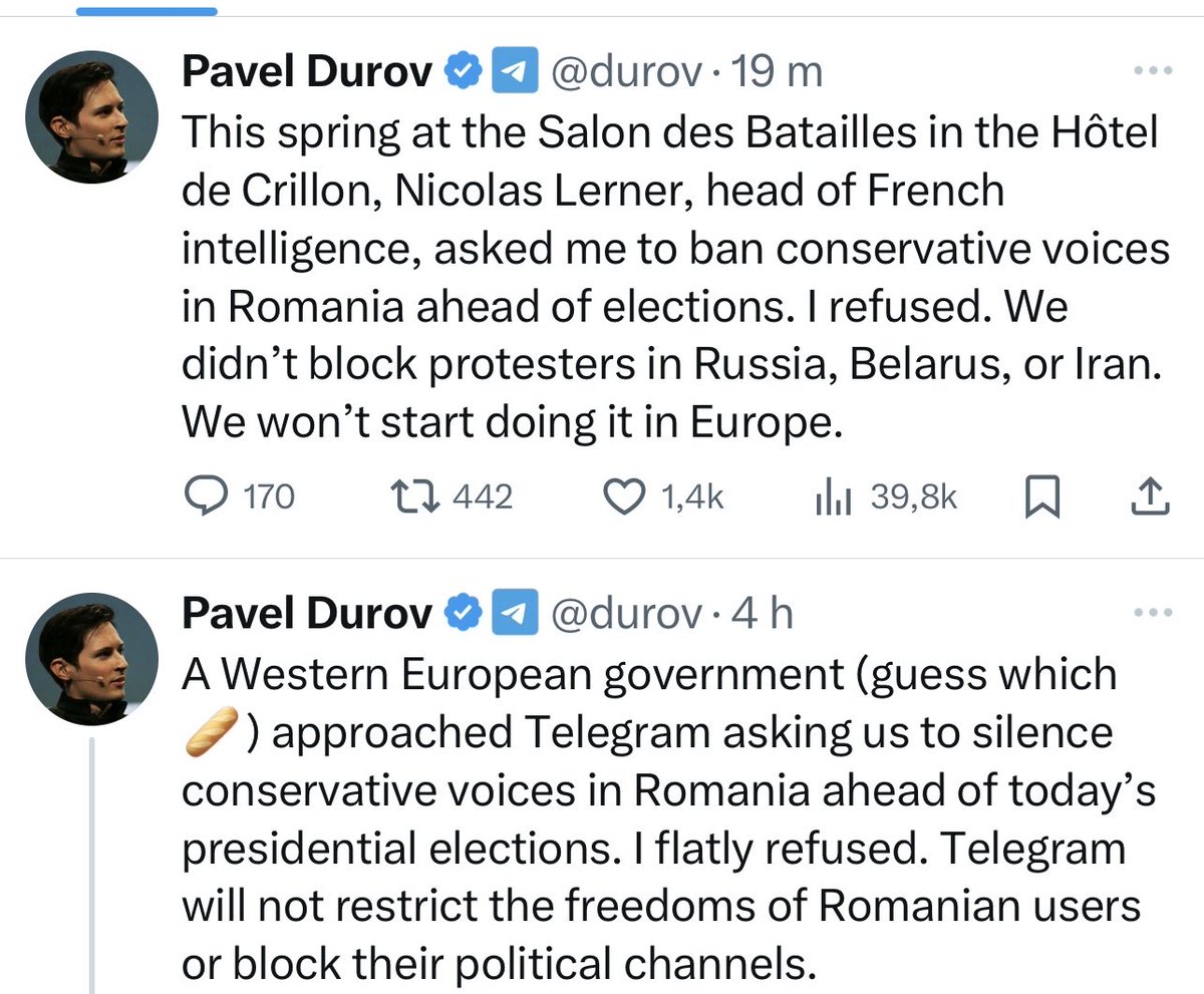 Quand <a href="/francediplo/">France Diplomatie 🇫🇷🇪🇺</a> dément les propos de <a href="/durov/">Pavel Durov</a>,celui-ci réplique avec des éléments précis ! 

Si le Gvt a osé demander à #Telegram de censurer les comptes s’opposant aux amis de Macron en Roumanie,c’est extrêmement grave…et surtout inquiétant pour 2027 en France.