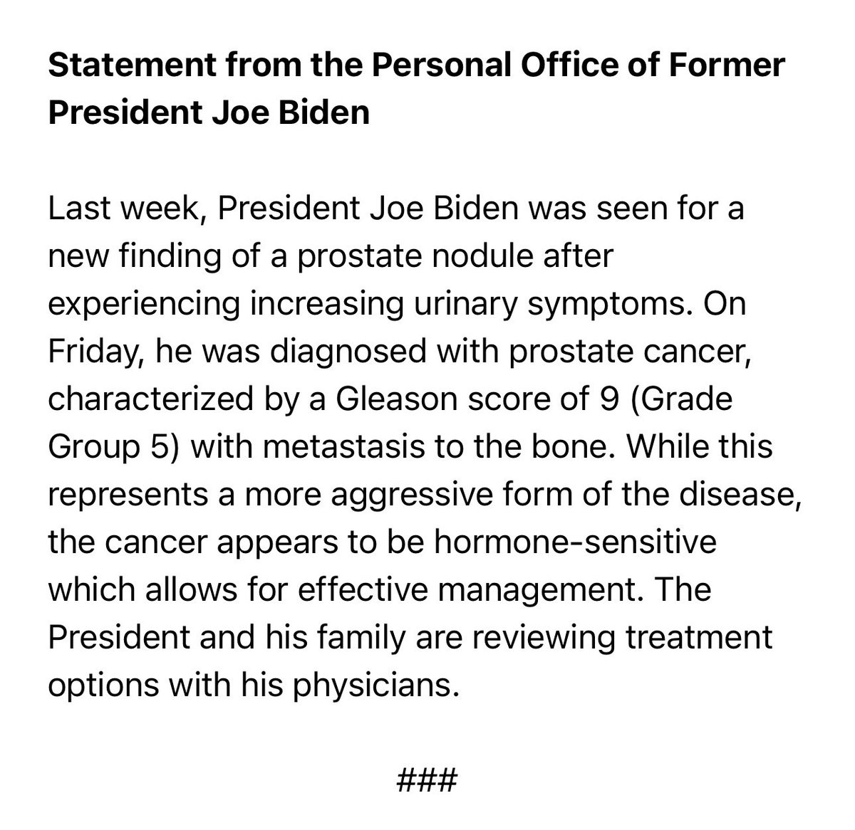 mviser's tweet photo. Former President Joe Biden, whose family has been impacted by cancer tragedies and who dedicated part of his political career to cancer research, has been diagnosed with prostate cancer. https://t.co/uFsRrOGVAY