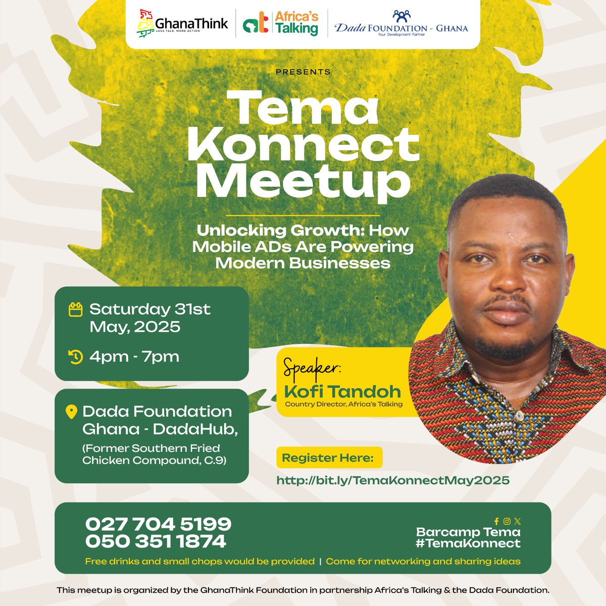 GhanaThink (@ghanathink) on Twitter photo Join the #Tema #Konnect Meetup
Topic: Unlocking Growth: How Mobile Ads Are Powering Modern Businesses
Speaker: Kofi Tandoh of #AfricasTalking
Register: bit.ly/TemaKonnectMay… Saturday, 31st May, 2025 from 4-7pm
@ Dada Foundation, #Tema00
#TemaKonnect
Cc <a href="/MacJordaN/">MacJordan 👨🏾💻🇨🇦🇬🇭</a> <a href="/kafuiday/">Kafui Yevu</a> Join the #Tema #Konnect Meetup
Topic: Unlocking Growth: How Mobile Ads Are Powering Modern Businesses
Speaker: Kofi Tandoh of #AfricasTalking
Register: bit.ly/TemaKonnectMay… Saturday, 31st May, 2025 from 4-7pm
@ Dada Foundation, #Tema00
#TemaKonnect
Cc <a href="/MacJordaN/">MacJordan 👨🏾💻🇨🇦🇬🇭</a> <a href="/kafuiday/">Kafui Yevu</a>