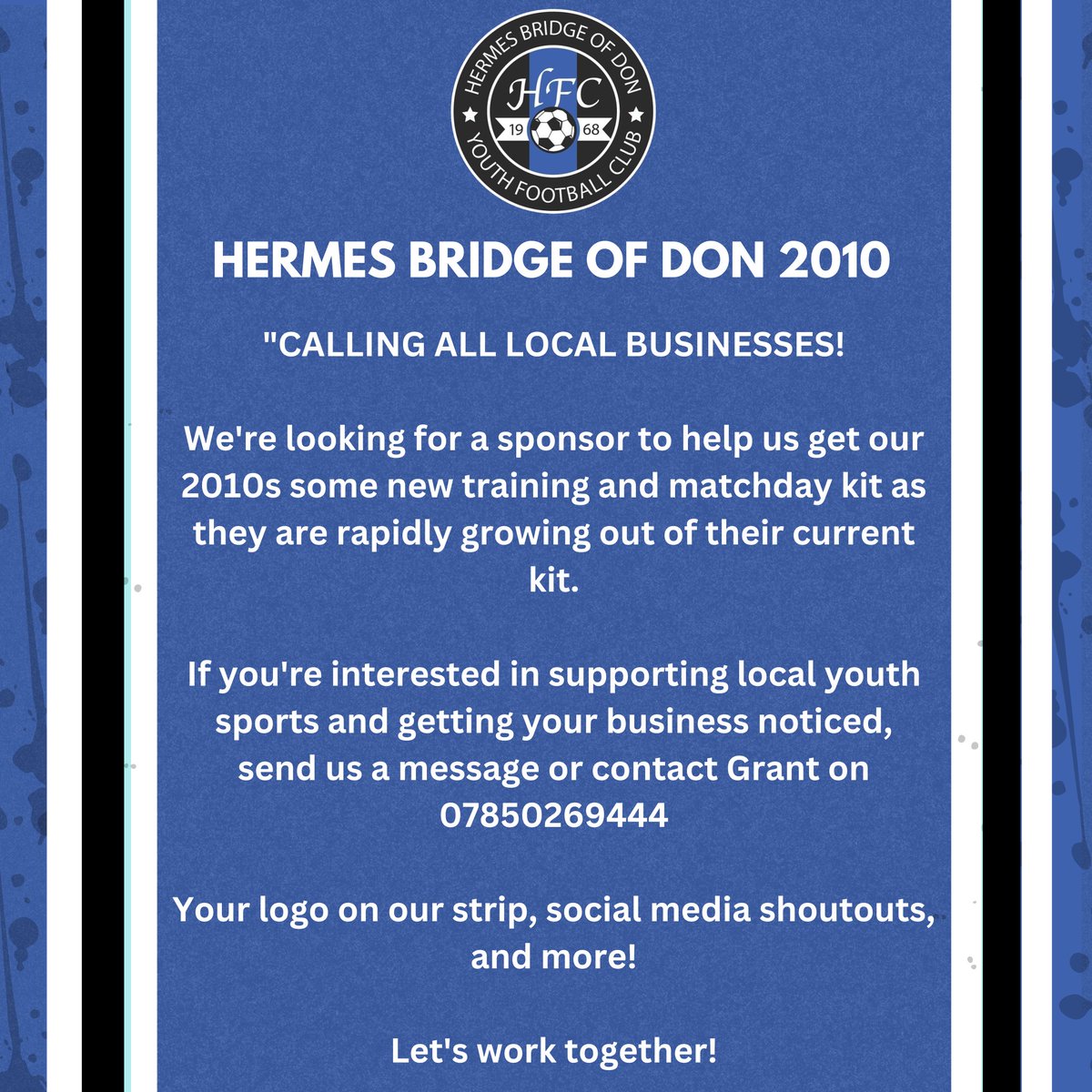 CALLING ALL LOCAL BUSINESSES!

We're looking for a sponsor to help us get our 2010s some new training and matchday kit as they are rapidly growing out of their current kit.

If you're interested in supporting local youth sports and getting your business noticed, send us a message