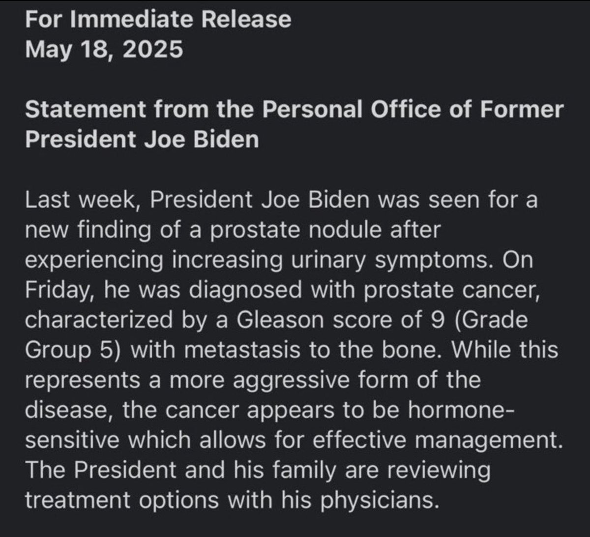 Breaking: President Joe Biden has been diagnosed with prostate cancer with metastasis to the bone.