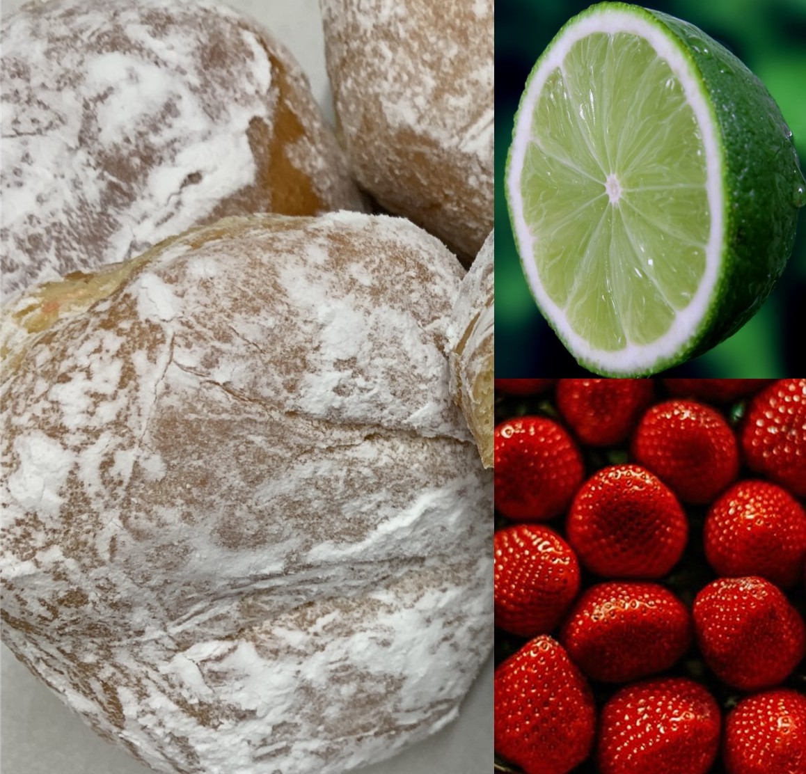 This week is our next strawberry month special. It’s a combination of strawberry and key lime fillings rolled in powdered sugar. The tart and tangy key lime is delicious with the strawberry filling. We rolled it in powdered sugar so the filling will really shine through.