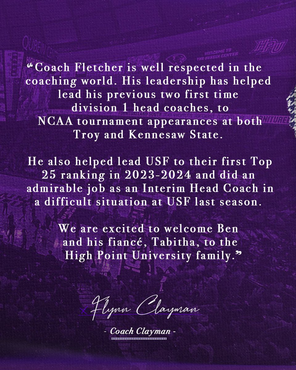 Welcome to High Point Coach Fletcher!

Fletcher brings 20 years of coaching experience to the Panther staff 👏

🗞: shorturl.at/nufLu

#GoHPU