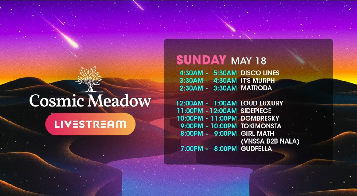 EDCLV day 3 stream schedule (times in PT) 

▪️Confirmed Garrix will be added to the schedule
▪️Alison Wonderland x Kaskade and I Hate Models will not be streamed

neonGARDEN + bassPOD schedules not out yet

Insomniac YouTube + tv.insomniac.com