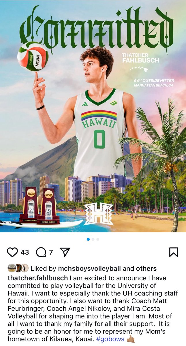 Set_PointIE's tweet photo. Announced on his Instagram about 5 minutes ago, Mira Costa High boys volleyball standout Thatcher Fahlbusch has committed to @HawaiiMensVB. Fahlbusch was originally committed to Grand Canyon, but due to them dropping their program, he flipped his commitment to Hawaii. #NCAAMVB https://t.co/iQh8ZtHZSh