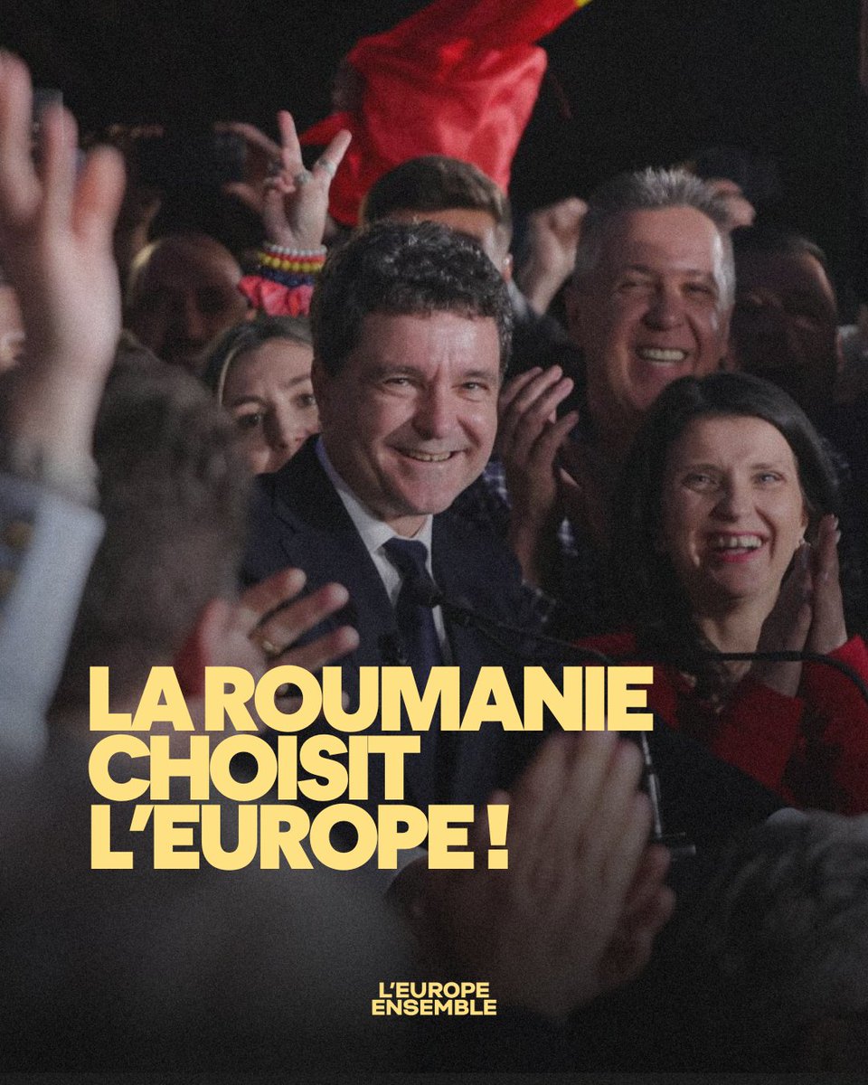Ensemble_UE's tweet photo. La victoire du candidat pro-européen @NicusorDanRO en Roumanie 🇷🇴 est une excellente nouvelle ! 

Les Roumains ont repoussé l'extrême droite et le populisme. Ils ont fait le choix de l'Europe 🇪🇺 et du progressisme.

La Roumanie le dit : l'Europe est la solution, pas le repli sur soi.