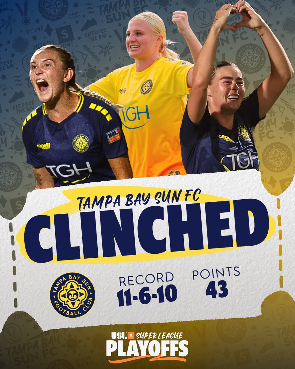 USL Super League (@uslsuperleague) on Twitter photo The future is 𝙗𝙧𝙞𝙜𝙝𝙩 for the Sun ☀️
<a href="/TampaBaySunFC/">Tampa Bay Sun FC</a> have clinched a spot in the inaugural USL Super League Playoffs! 👏 The future is 𝙗𝙧𝙞𝙜𝙝𝙩 for the Sun ☀️
<a href="/TampaBaySunFC/">Tampa Bay Sun FC</a> have clinched a spot in the inaugural USL Super League Playoffs! 👏