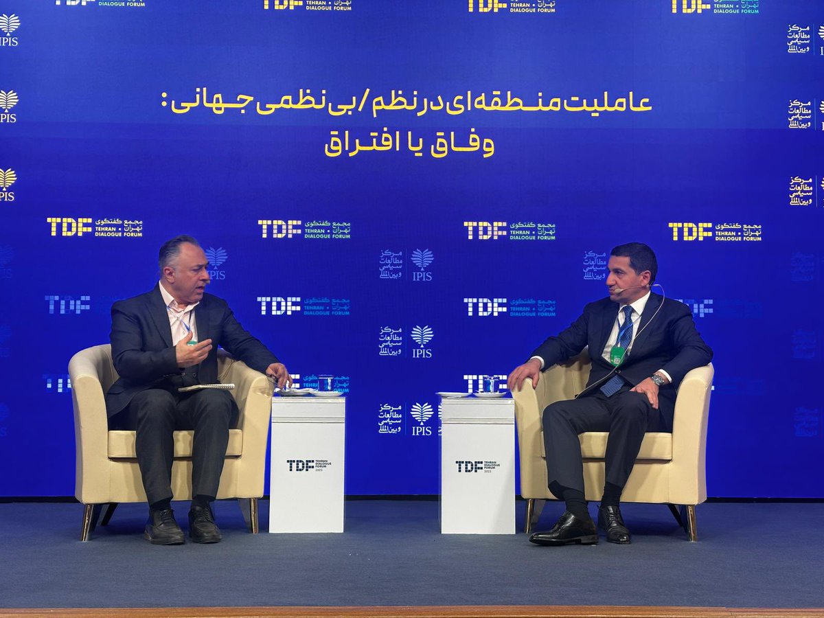 Pleased to address Tehran Dialogue Forum at “one to one” format and talk about new global (dis)order, regional ownership and inclusiveness, further enhancement of Azerbaijan-Iran bilateral cooperation and elevating it to qualitatively new level  as a follow up President Masud