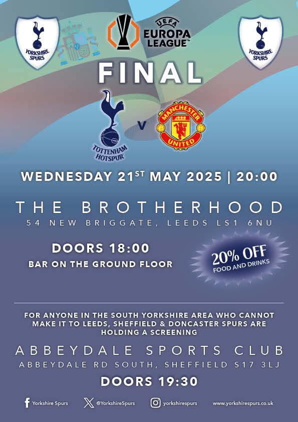 Live screenings of the Europa League Final in Yorkshire;

The  <a href="/BrotherhoodLds/">The Brotherhood Leeds</a>
Leeds LS1 6NU
20% off food and drink
Over 16s only 

Abbeydale Sports Club 
Sheffield 
S17 3LJ

The Temple 
Doncaster 
DN1 1ND

Come down and join us! 

#COYS