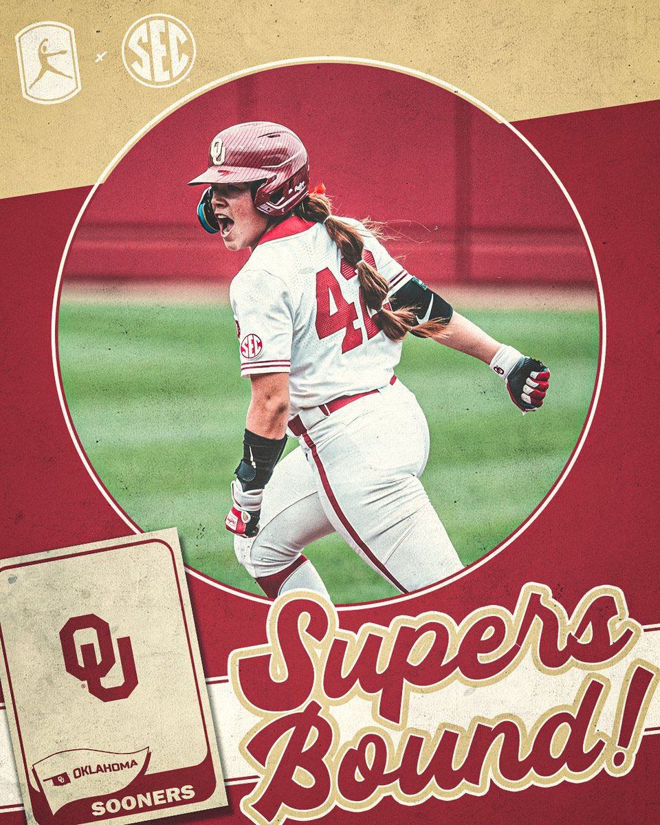 SEC's tweet photo. SUPERS BOUND‼️

No. 2 Oklahoma blasts Cal, 12-1, to advance to the program's 18th Super Regional!

@OU_Softball x @NCAASoftball