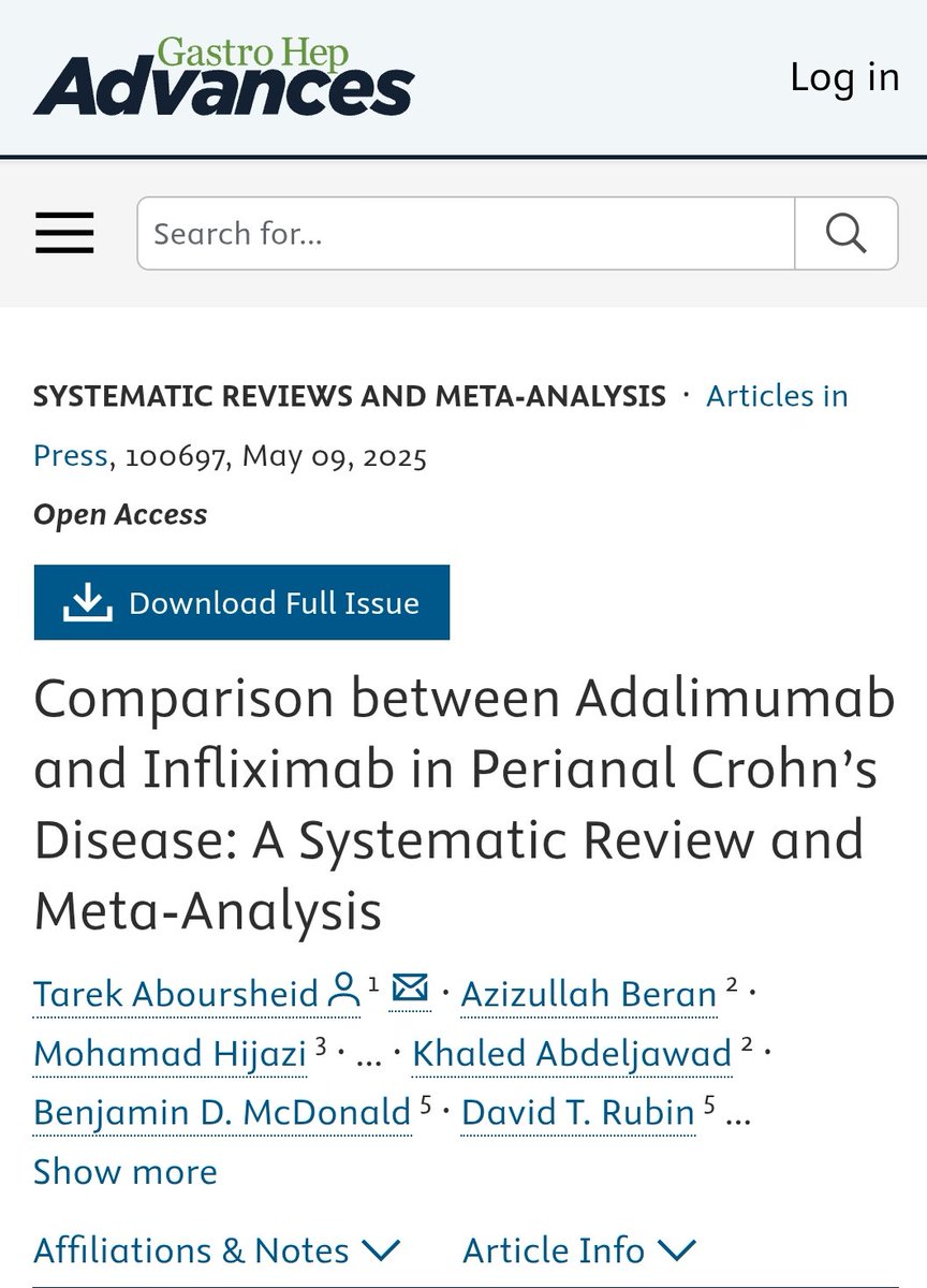 Tarek Aboursheid (@tarek7ab) on Twitter photo Check out our systematic review comparing Adalimumab and Infliximab for perianal Crohn's disease, published in <a href="/AGA_GHAdvances/">Gastro Hep Advances</a>, an official <a href="/AmerGastroAssn/">American Gastroenterological Association (AGA)</a> journal.
Thank you Dr <a href="/DavidTRubin/">David T. Rubin</a>, Dr. Benjamin McDonald, Dr. Khaled Abdeljawad, Dr. <a href="/JohnGuardiolaMD/">John Guardiola</a> and <a href="/AzizullahBeran/">Azizullah Beran, MD, ABOM-D</a> Check out our systematic review comparing Adalimumab and Infliximab for perianal Crohn's disease, published in <a href="/AGA_GHAdvances/">Gastro Hep Advances</a>, an official <a href="/AmerGastroAssn/">American Gastroenterological Association (AGA)</a> journal.
Thank you Dr <a href="/DavidTRubin/">David T. Rubin</a>, Dr. Benjamin McDonald, Dr. Khaled Abdeljawad, Dr. <a href="/JohnGuardiolaMD/">John Guardiola</a> and <a href="/AzizullahBeran/">Azizullah Beran, MD, ABOM-D</a>