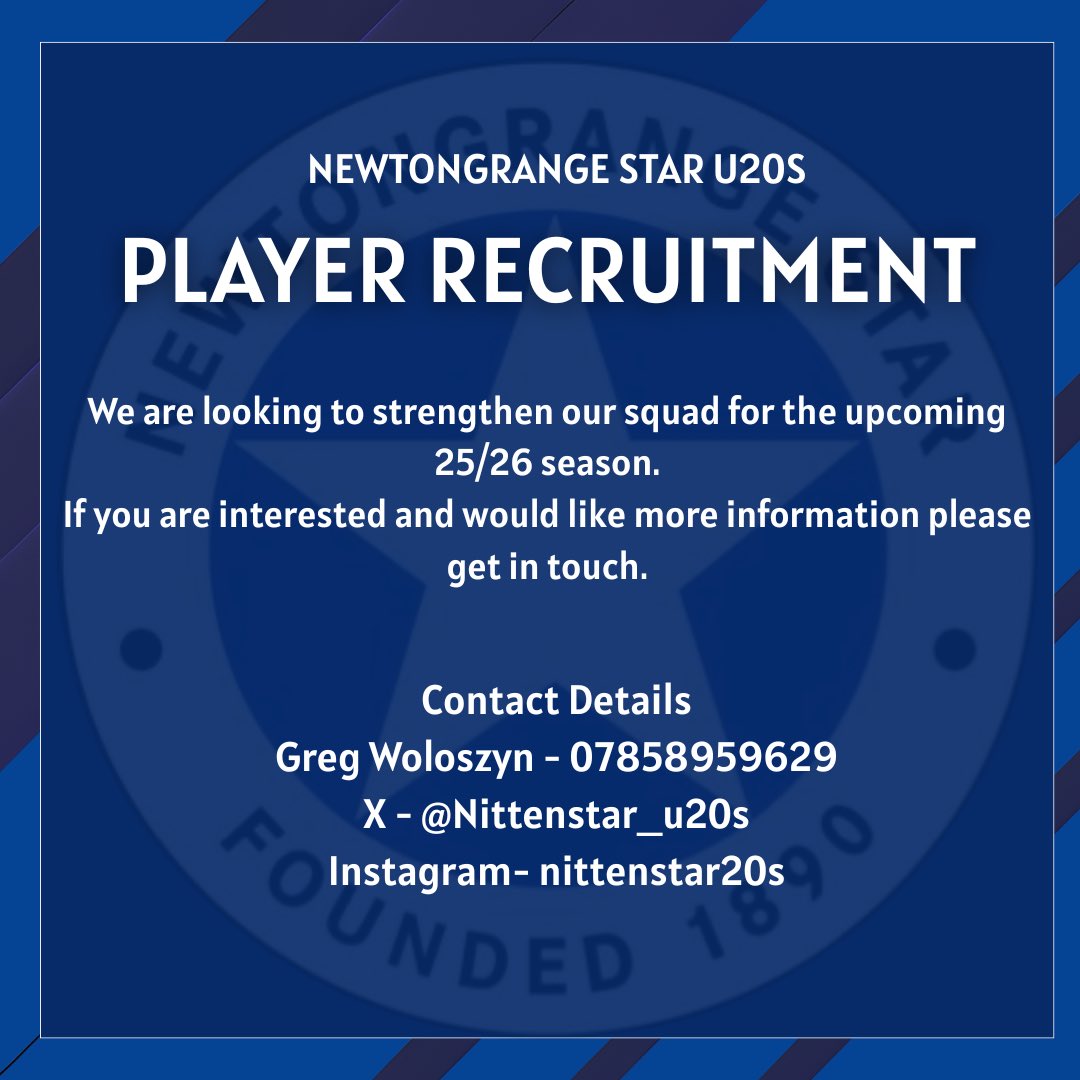 Nittenstar_u20s's tweet image. PLAYER RECRUITMENT 25/26 🚨
A proven pathway to East Of Scotland Football.
If you are interested, we want to hear from you! ⭐️