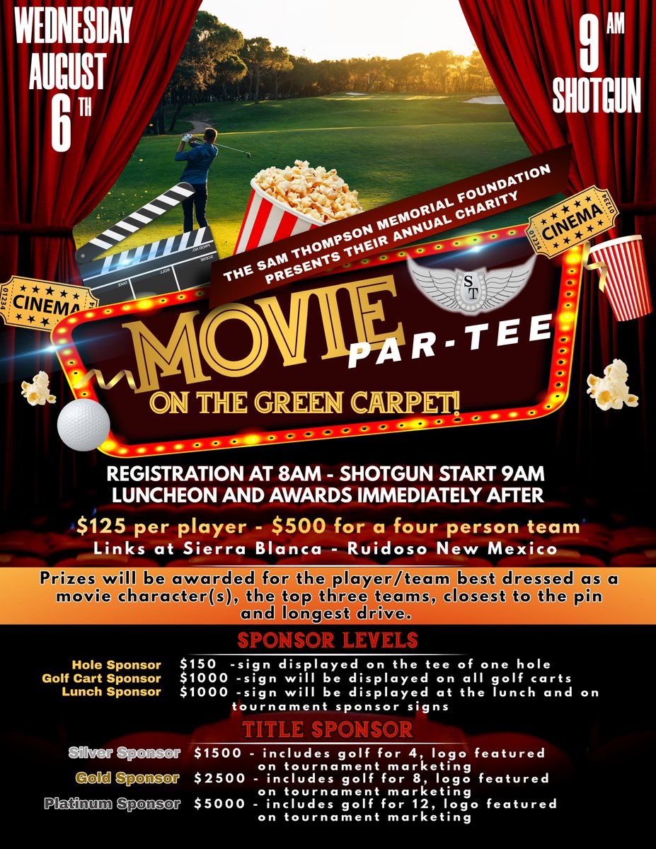 SamThompsonFdn's tweet photo. Movie Par-Tee on the Green Carpet – Wednesday, August 6th!!  Prizes will be awarded for the player/team best dressed as a movie character(s) and so much more!! Purchase tickets or become a sponsor: https://t.co/VtoBZe6PKF #golfcharity https://t.co/HMMwc3kdak