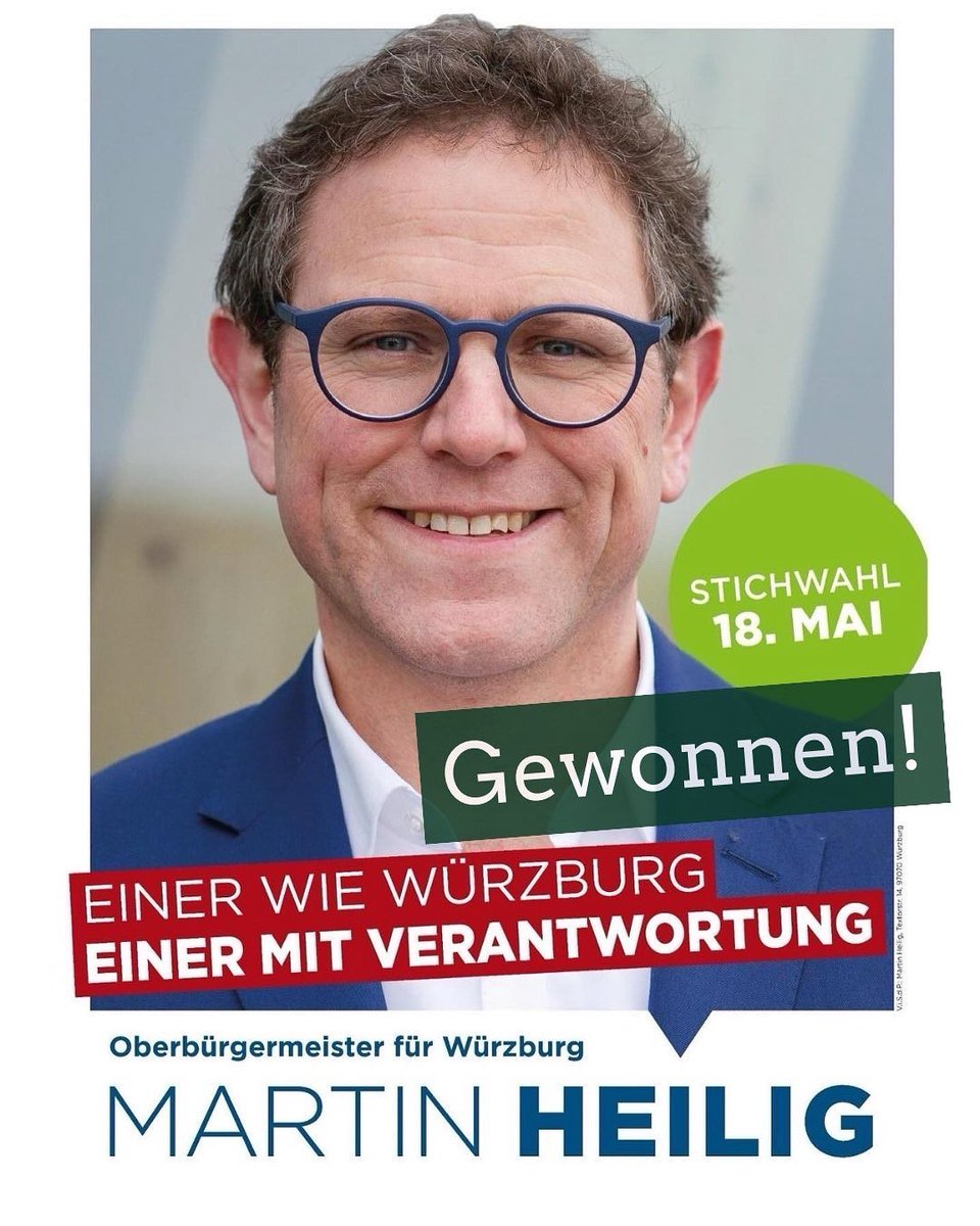 Martin Heilig hat es geschafft - er gewinnt mit grandiosen 65,1% die Stichwahl in Würzburg! 
Herzlichen Glückwunsch an den ersten GRÜNEN Oberbürgermeister in Bayern! 💚