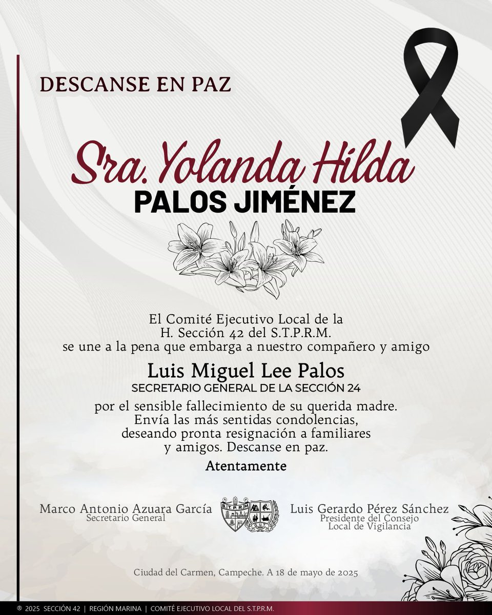 Enviamos nuestras más sinceras y fraternales condolencias al compañero y amigo Luis Miguel Lee Palos, Secretario General de la hermana Sección 24, por el sensible fallecimiento de su Señora Madre.

Descanse en Paz, Sra. Yolanda Hilda Palos Jiménez.

#MasUnidosQueNunca