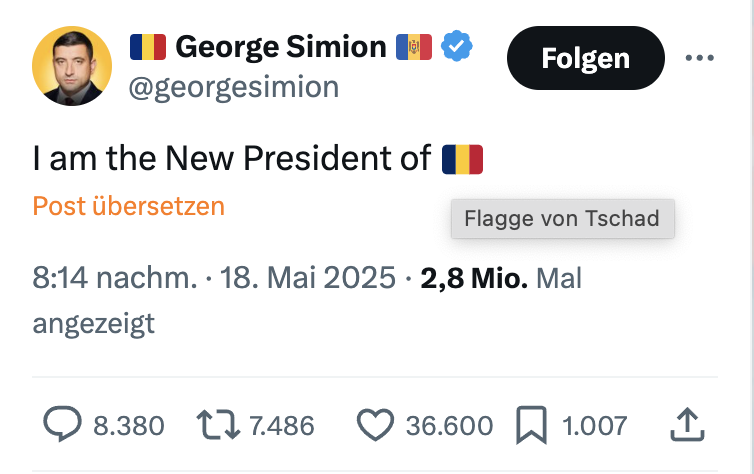 gtorges's tweet photo. +++ 🚨 BREAKING NEWS! 🚨 +++
Der Rumäne @georgesimion erklärt sich zum Präsidenten von 🇹🇩#Tschad.
+++ 🚨 BREAKING NEWS! 🚨 +++ https://t.co/KejO8ffUc9