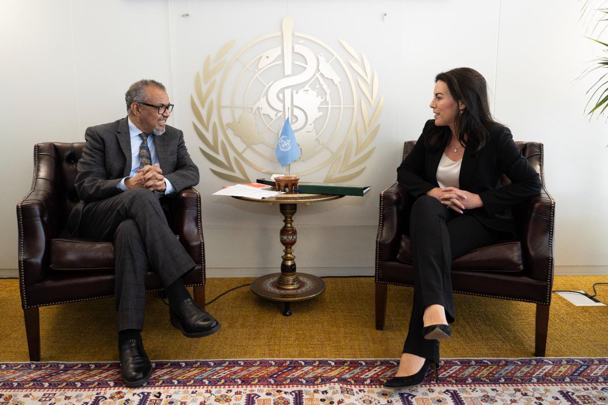 DrTedros's tweet photo. Great meeting with the Minister of Health of #Ireland @CarrollJennifer ahead of #WHA78. Discussed @WHO reform, sustainable financing, the #PandemicAccord, and our work to alleveiate the dire health situation in #Gaza. I thanked the Minister for Ireland's steady partnership and support.