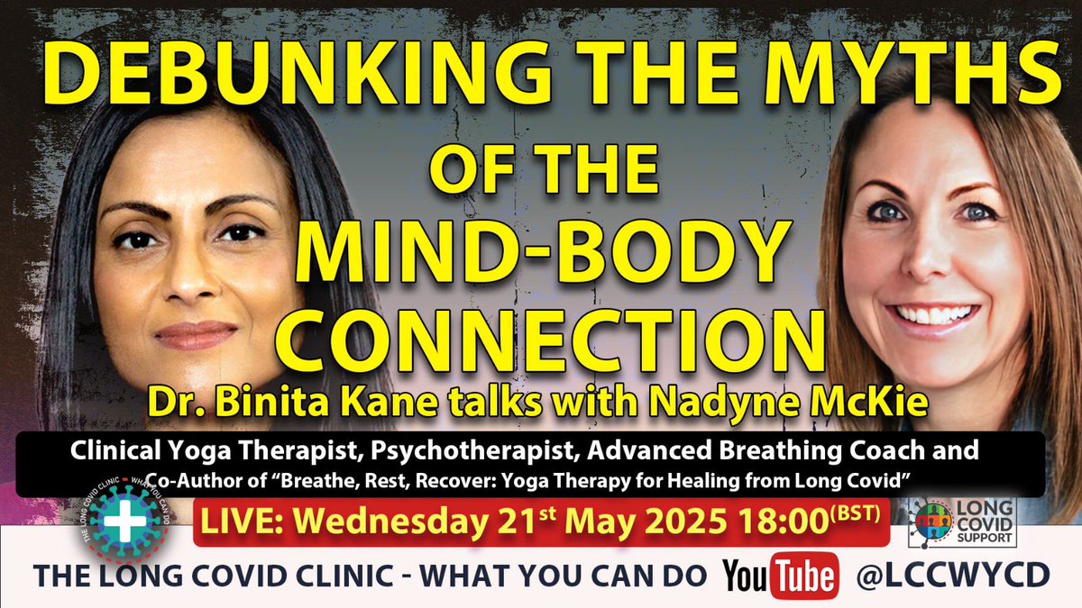 Long Covid Support 🌍 (@long_covid) on Twitter photo 1/3. 🔥Fireside Chat from The #LongCovid Clinic🔥
‘Debunking the Myths of the Mind-Body Connection’
🗓️ Wednesday 21 May 2025, 6pm UK time
<a href="/BinitaKane/">Binita Kane</a> & <a href="/Helen_Oakleigh/">Helen Oakleigh</a> are joined by Psychotherapist & Clinical Mind Body Therapist Nadyne McKie.
Link & further info. below ⬇️ 1/3. 🔥Fireside Chat from The #LongCovid Clinic🔥
‘Debunking the Myths of the Mind-Body Connection’
🗓️ Wednesday 21 May 2025, 6pm UK time
<a href="/BinitaKane/">Binita Kane</a> & <a href="/Helen_Oakleigh/">Helen Oakleigh</a> are joined by Psychotherapist & Clinical Mind Body Therapist Nadyne McKie.
Link & further info. below ⬇️