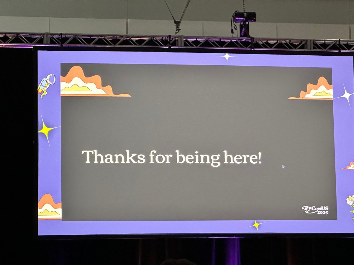 realpython's tweet image. Closing Remarks at #PyConUS 2025. It was a fantastic conference full of interesting talks and conversations!

PyConUS 2025 in numbers:

75 Speaker
29 Tutorias
24 Poster Presenters
140+ Open Spaces
145 On-site Volunteers
1400+ First-time attendees
