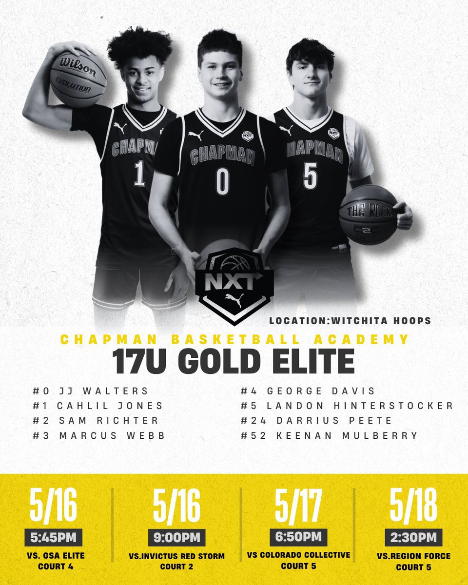 ChapmanBasketballMBB2026 (@cba_2026) on Twitter photo <a href="/academy_chapman/">ChapmanBasketballAcademy</a> 17U Gold Elite goes 4-0 in Wichita <a href="/PRO16League/">PRO16/NXTPRO League</a> during their first live period! Stats and videos to come!
Game 1 win vs GSA Elite, 67-59
Game 2 win vs Invictis Red Storm, 74-56
Game 3 win vs Colorado Collective, 60-52
Game 4 wins vs Region Force, 46-27 <a href="/academy_chapman/">ChapmanBasketballAcademy</a> 17U Gold Elite goes 4-0 in Wichita <a href="/PRO16League/">PRO16/NXTPRO League</a> during their first live period! Stats and videos to come!
Game 1 win vs GSA Elite, 67-59
Game 2 win vs Invictis Red Storm, 74-56
Game 3 win vs Colorado Collective, 60-52
Game 4 wins vs Region Force, 46-27