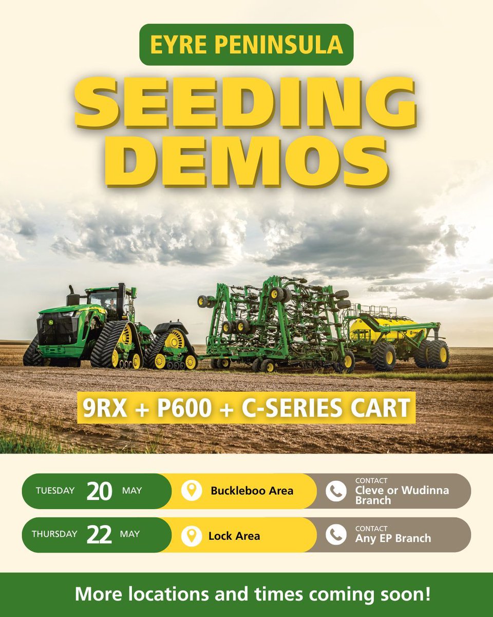 🌱 Catch our Emmetts team out on the Eyre Peninsula this week for live seeding demos — showcasing the latest gear in action. 👀 Keep your eyes peeled, more locations dropping soon! 💪🚜 #Emmetts #EyrePeninsula #Seeding #JohnDeere