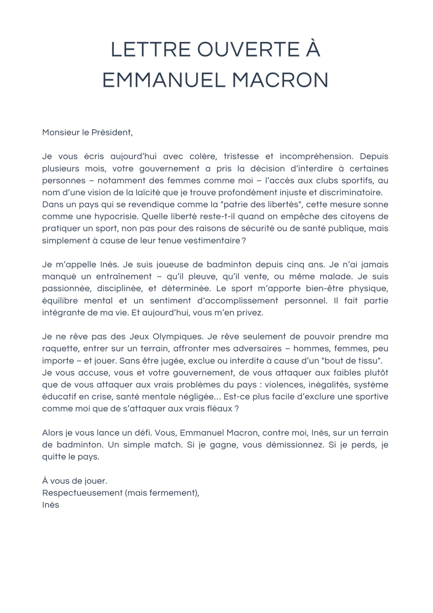 Lettre ouverte à <a href="/EmmanuelMacron/">Emmanuel Macron</a> concernant le port du voile dans le sport