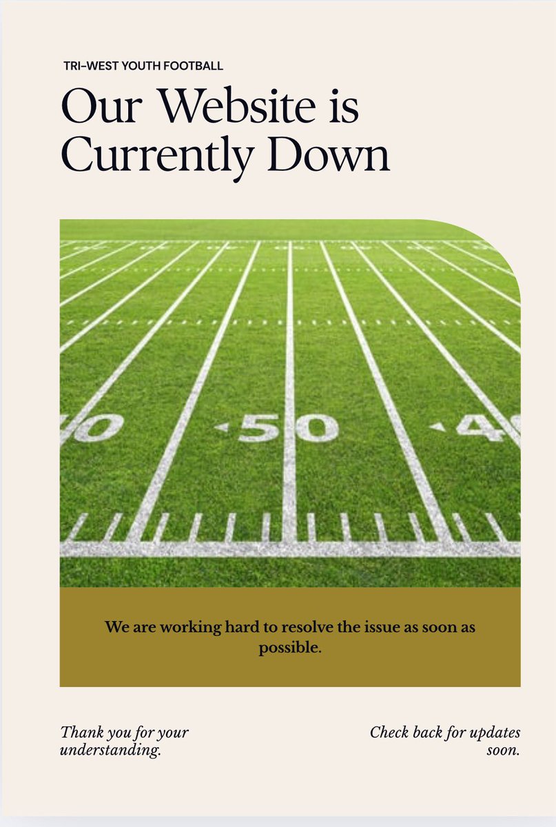 📣 Attention Tri-West Youth Football Families 📣

We are currently experiencing technical difficulties with our website and it is temporarily down. Please know that we are aware of the issue and are actively working to resolve it as quickly as possible.