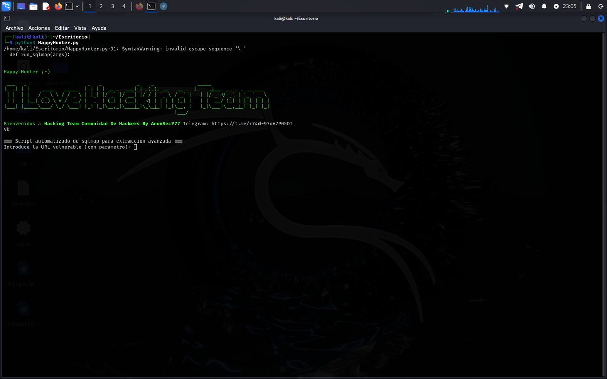 Happy Hunter - Herramienta de Automatización SQLi usando sqlmap

🔍  Happy Hunter es un script en Python que automatiza la detección y  enumeración de bases de datos vulnerables a SQL Injection mediante  sqlmap, facilitando el pentesting y la auditoría de seguridad.